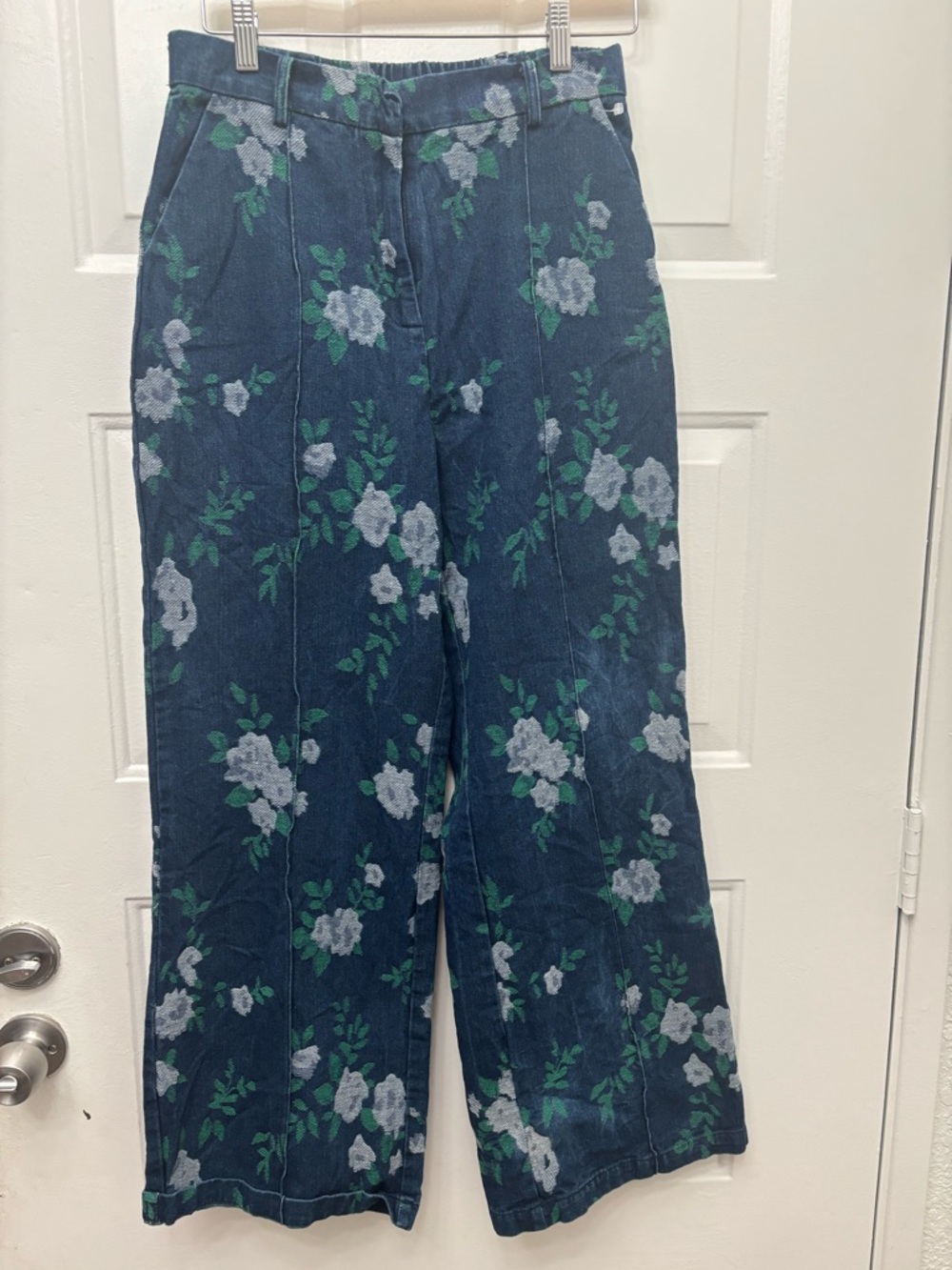 FRNCH 100% Cotton Navy Floral Print Pants with Green Accents